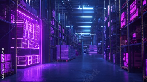 Futuristic supply chain hub with holographic blockchain data tracking system that monitors and manages goods from origin to final destination through a highly automated and integrated distribution