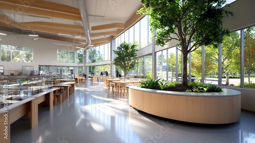 Futuristic sustainable learning center featuring an open and bright classroom design with hands on renewable energy lessons for students in an eco friendly advanced learning environment