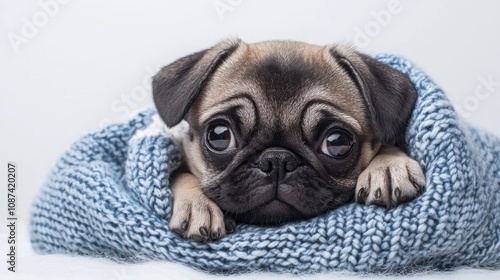 Christmas puppy knitted clothes A cute pug peeks out from a cozy blue blanket, showcasing its expressive eyes and adorable face.
