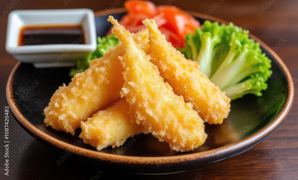 Crispy fried fish fillets with fresh vegetables Crispy fried fish fillets with fresh vegetables