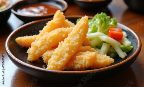 Crispy fried fish served with vegetables