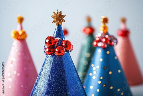 Colorful party hats with glitter and pom-poms photo