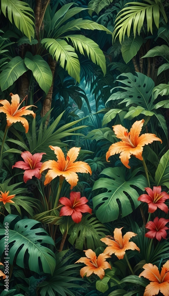 Tropical exotic pattern with animal and flowers in bright colors and lush vegetation Tropical exotic pattern with animal and flowers in bright colors and lush vegetation