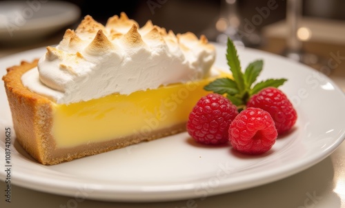 Delicious lemon meringue pie slice. photo