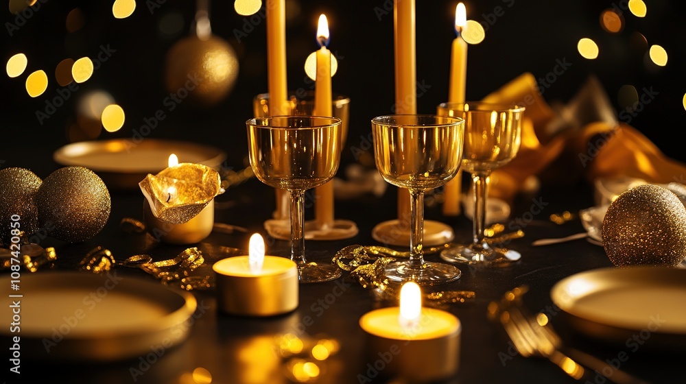 Elegant candlelit table setting with golden decor Elegant candlelit table setting with golden decor