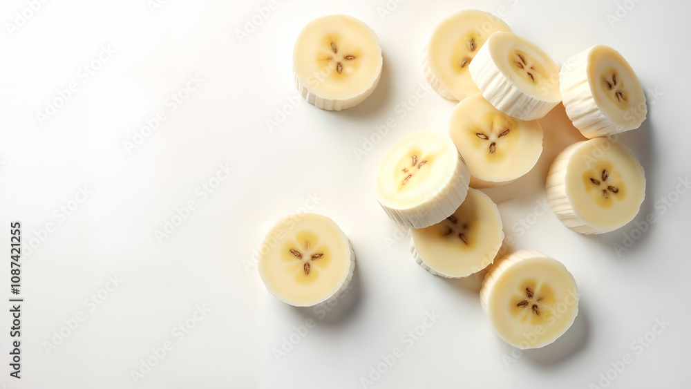 Dramatic Overhead Shot of Scattered Cut Banana Slices on a Smooth White Surface with Bright Lighting Dramatic Overhead Shot of Scattered Cut Banana Slices on a Smooth White Surface with Bright Lighting