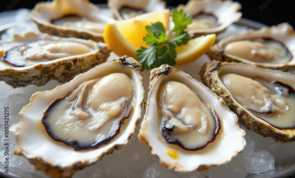 Fresh oysters on ice with lemon garnish Fresh oysters on ice with lemon garnish