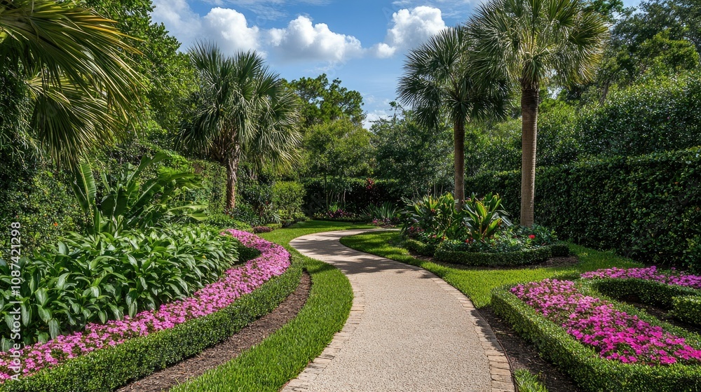 Beautiful Garden Pathway with Trimmed Flowers and Foliage Beautiful Garden Pathway with Trimmed Flowers and Foliage