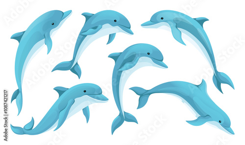 Cartoon dolphin. Sea animal, cute jumping fish swim in zoo, wild flipper in underwater or ocean water, oceanarium inhabitant. Vector isolated characters, cartoon flat illustration set