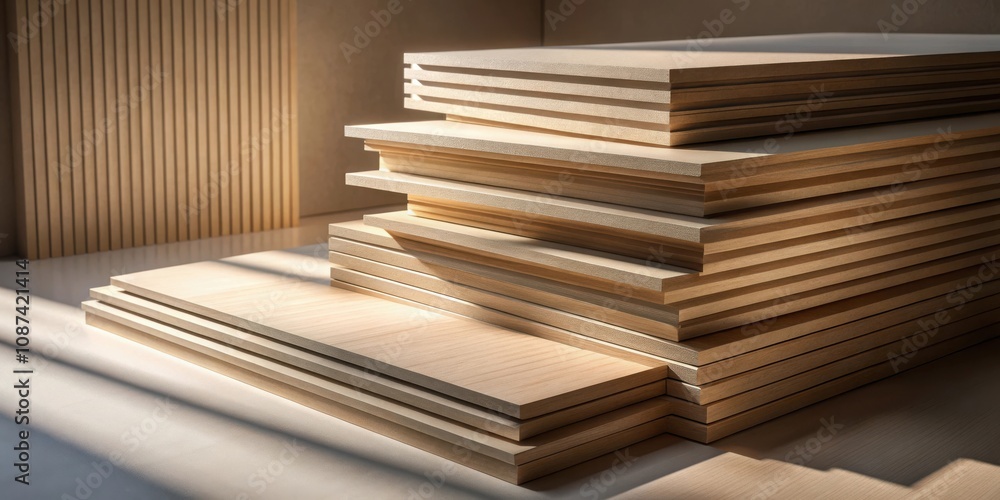 A Stack of Wooden Panels with Sunbeams Casting Shadows Across a Smooth Surface A Stack of Wooden Panels with Sunbeams Casting Shadows Across a Smooth Surface