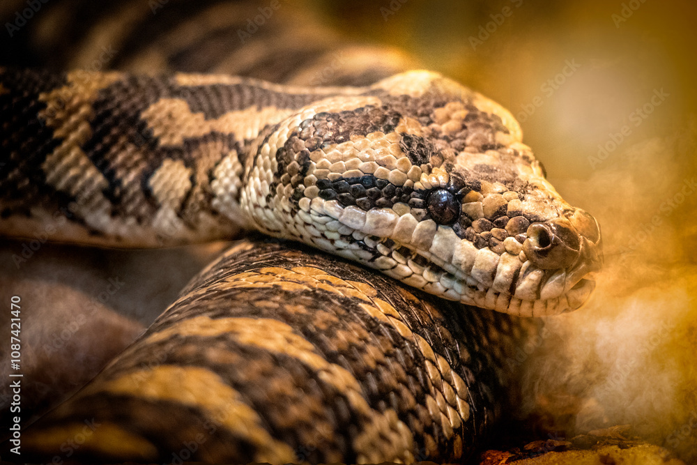 Snake close-Up of Python's Head with Detailed Scales in Natural Environment Snake close-Up of Python's Head with Detailed Scales in Natural Environment
