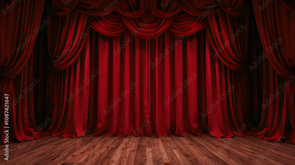 Fototapeta premium Theater stage with maroon red curtain with spotlight.Red open curtains and wooden stage.