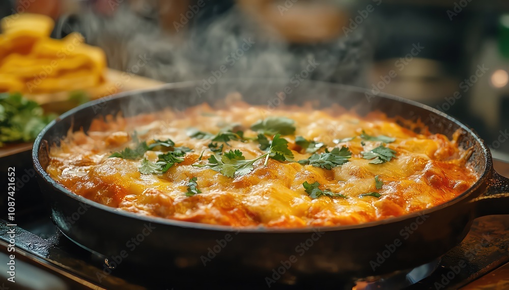 Sizzling enchiladas, rustic table, Mexican feast, closeup indulgence Sizzling enchiladas, rustic table, Mexican feast, closeup indulgence