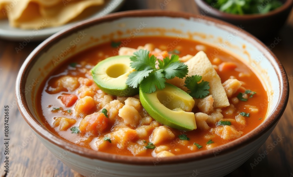 Delicious Hispanic soup with avocado garnish Delicious Hispanic soup with avocado garnish