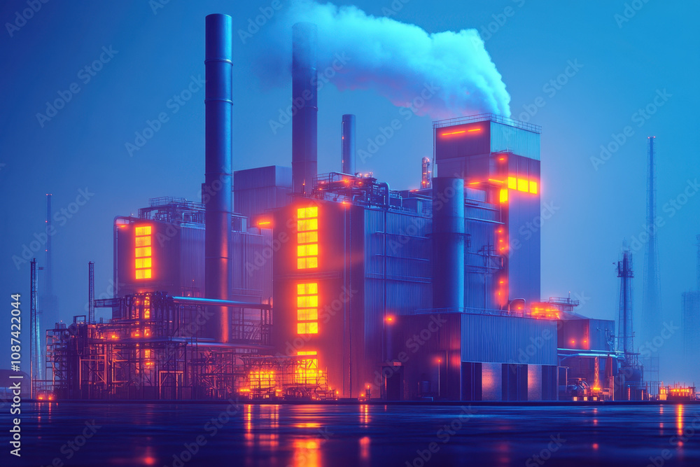A vibrant industrial scene featuring a factory with illuminated structures and smoke rising against a blue-toned background.