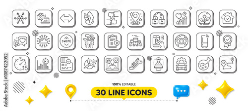 Incubator, Like and Voting campaign line icons pack. 3d design elements. Chemistry lab, Video conference, Heart beat web icon. Tested stamp, Heart, Report timer pictogram. Vector