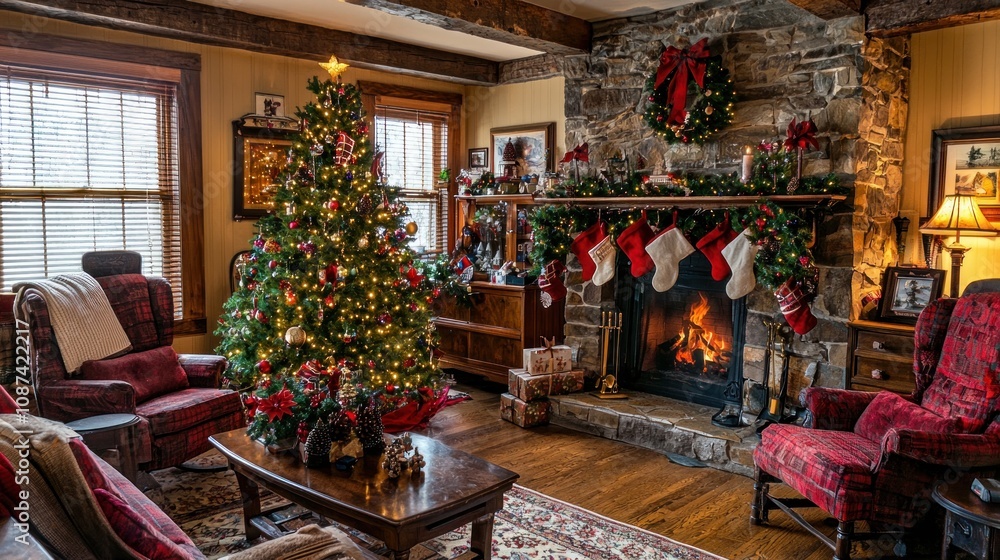 A warm and cozy Christmas scene featuring a crackling fireplace, a decorated tree, and comfortable seating inviting relaxation and joy