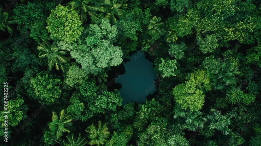 Lush green rainforest surrounding a tranquil lagoon Lush green rainforest surrounding a tranquil lagoon