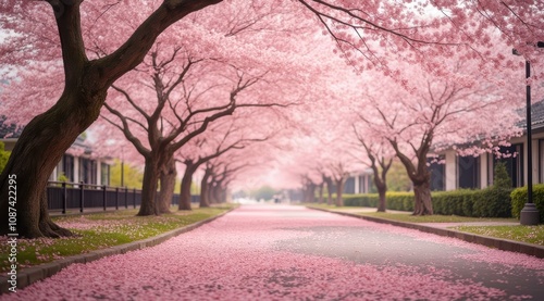 Cherry blossom trees lining a serene path