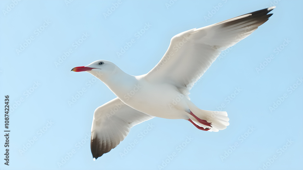 Fototapeta premium Seagull bird in flight isolated on blue sky background.