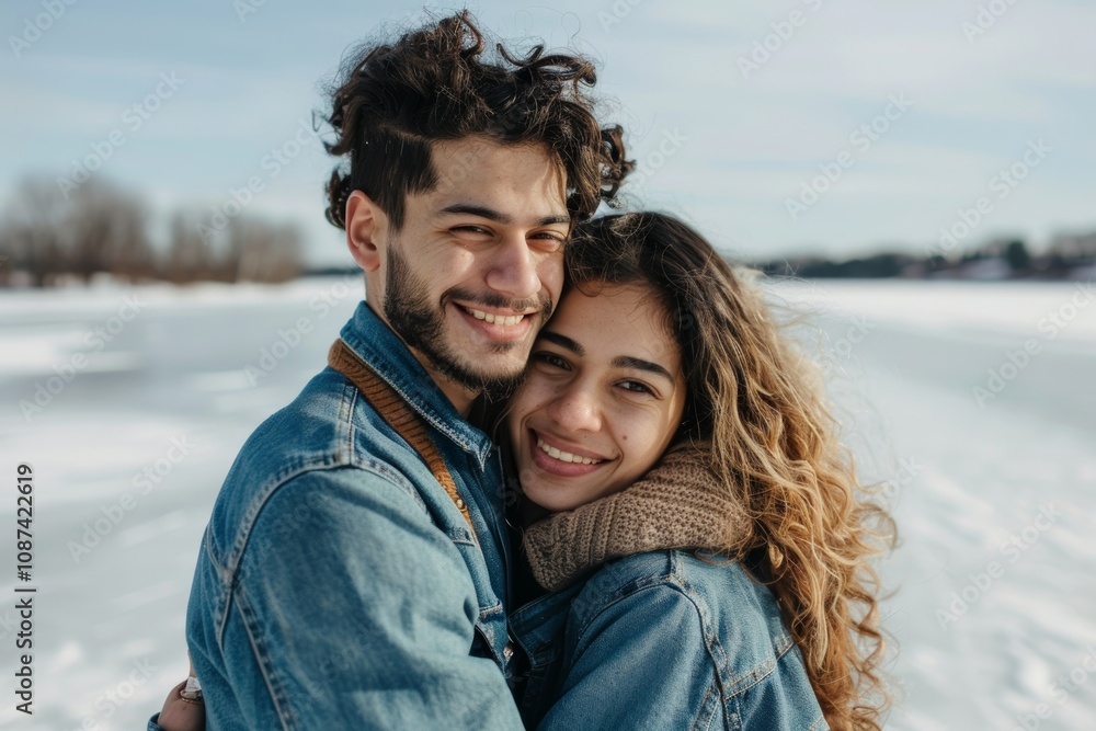 Portrait of a joyful multicultural couple in their 20s sporting a versatile denim shirt in front of backdrop of a frozen winter lake Portrait of a joyful multicultural couple in their 20s sporting a versatile denim shirt in front of backdrop of a frozen winter lake