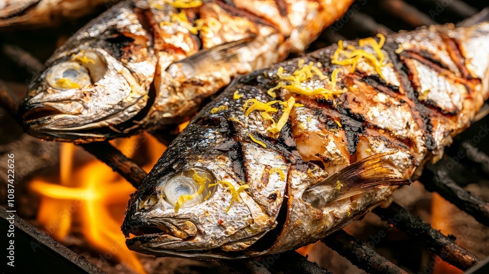 Two grilled fish with lemon zest on a barbecue grill over flames. Two grilled fish with lemon zest on a barbecue grill over flames.