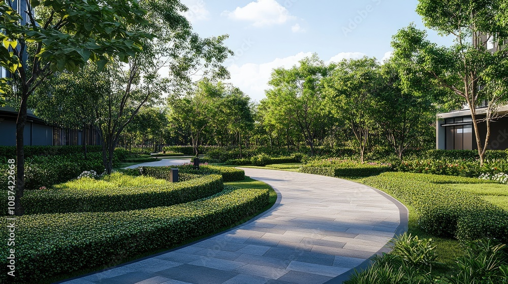 Winding Green Pathway in a Lush Landscape Winding Green Pathway in a Lush Landscape