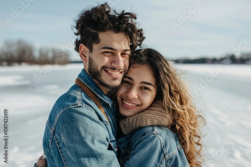 Portrait of a joyful multicultural couple in their 20s sporting a versatile denim shirt in front of backdrop of a frozen winter lake