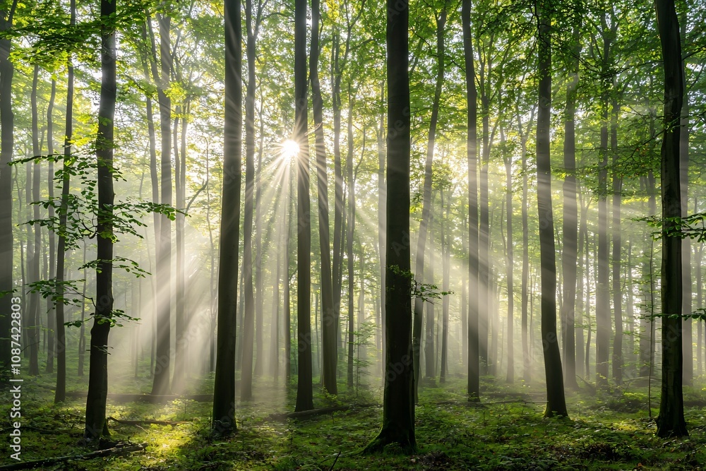 Serene Forest Light: Sunbeams Piercing Through Lush Green Trees Serene Forest Light: Sunbeams Piercing Through Lush Green Trees