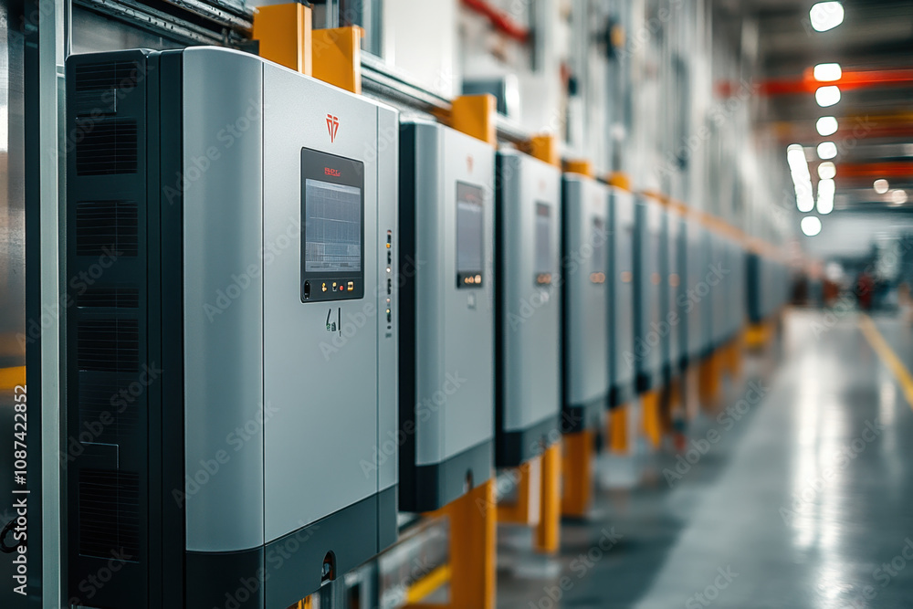A row of industrial control panels in a modern facility, showcasing sleek design and illuminated displays along a well-lit corridor. A row of industrial control panels in a modern facility, showcasing sleek design and illuminated displays along a well-lit corridor.