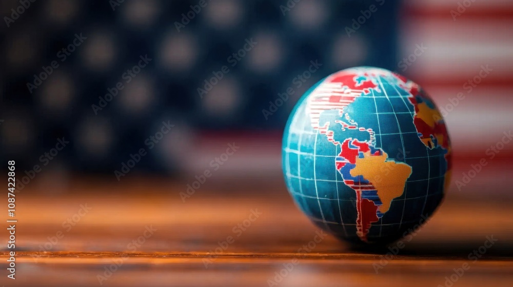 USA world economy Globe on wooden surface with American flag background. USA world economy Globe on wooden surface with American flag background.