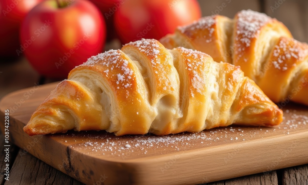 Freshly baked croissants with powdered sugar Freshly baked croissants with powdered sugar