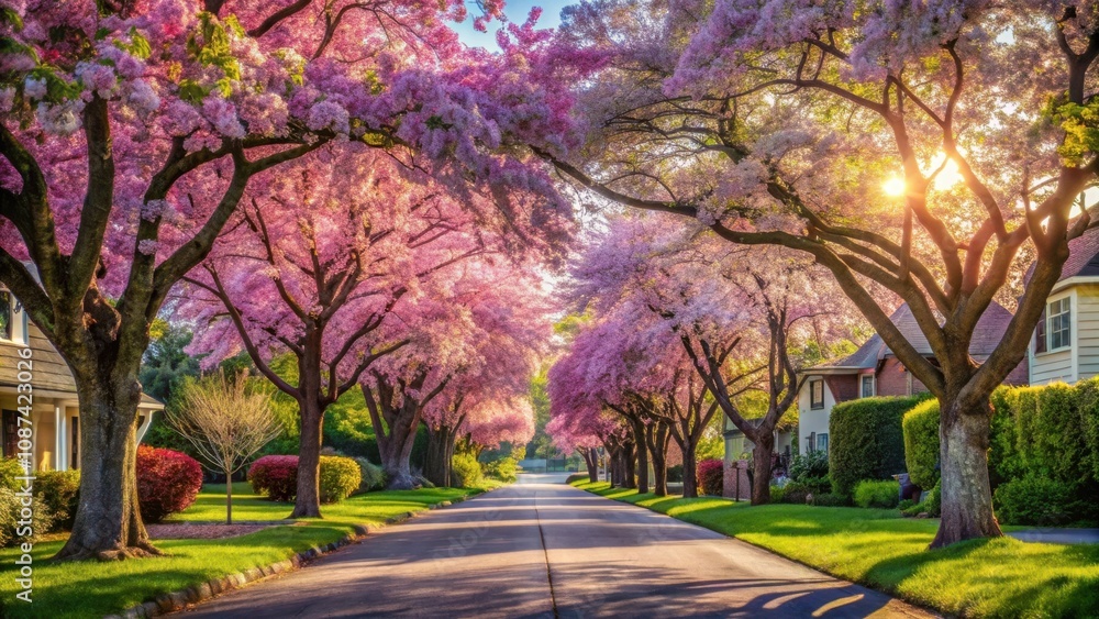 A picturesque street lined with vibrant cherry blossoms, bathed in the golden glow of a setting sun, creating a tranquil and enchanting atmosphere. A picturesque street lined with vibrant cherry blossoms, bathed in the golden glow of a setting sun, creating a tranquil and enchanting atmosphere.