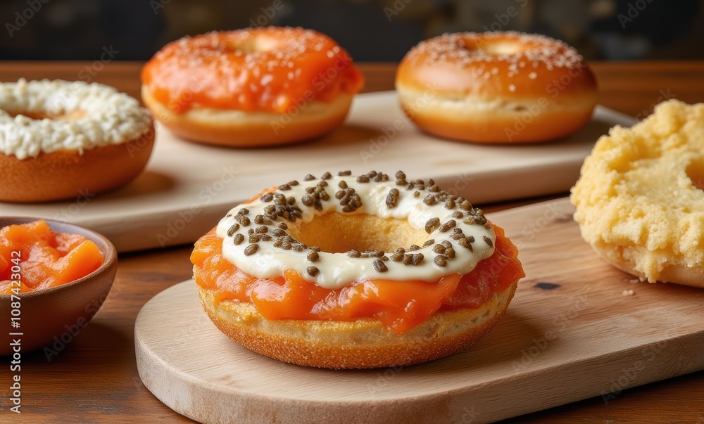 Colorful gourmet donuts on a wooden table Colorful gourmet donuts on a wooden table