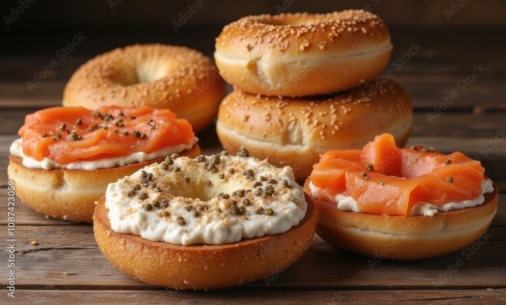 Savory bagels topped with smoked salmon Savory bagels topped with smoked salmon
