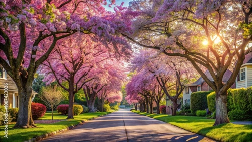 A picturesque street lined with vibrant cherry blossoms, bathed in the golden glow of a setting sun, creating a tranquil and enchanting atmosphere.