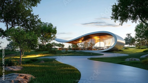 Innovative architectural design of a futuristic eco pavilion built with repurposed materials offering a unique and sustainable event space amid a natural landscape