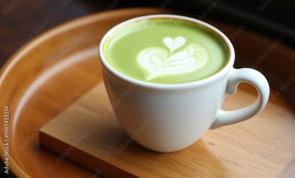 Warm green tea latte in white cup Warm green tea latte in white cup