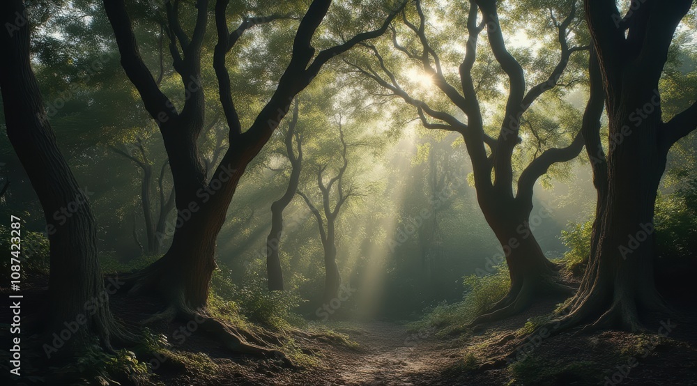 Mysterious forest with sunlight beams Mysterious forest with sunlight beams