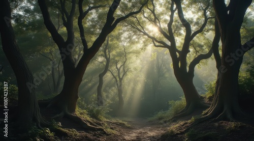 Mysterious forest with sunlight beams