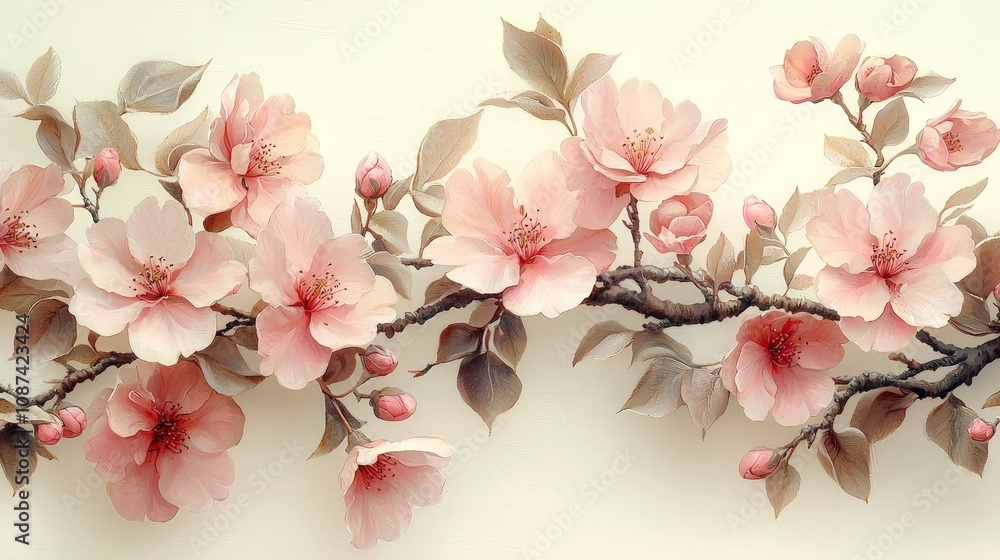 A delicate arrangement of pink flowers and buds on branches against a soft background. A delicate arrangement of pink flowers and buds on branches against a soft background.