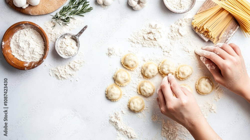 A chef's hands shaping homemade pasta dough into small dumplings, ready to be boiled, on a white surface. A chef's hands shaping homemade pasta dough into small dumplings, ready to be boiled, on a white surface.