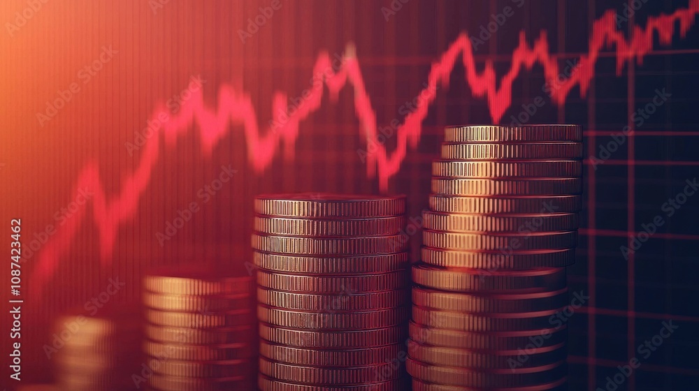 Dynamic composition of coins forming a staircase with rising chart financial market graphic illustration business environment close-up view investment concept Dynamic composition of coins forming a staircase with rising chart financial market graphic illustration business environment close-up view investment concept