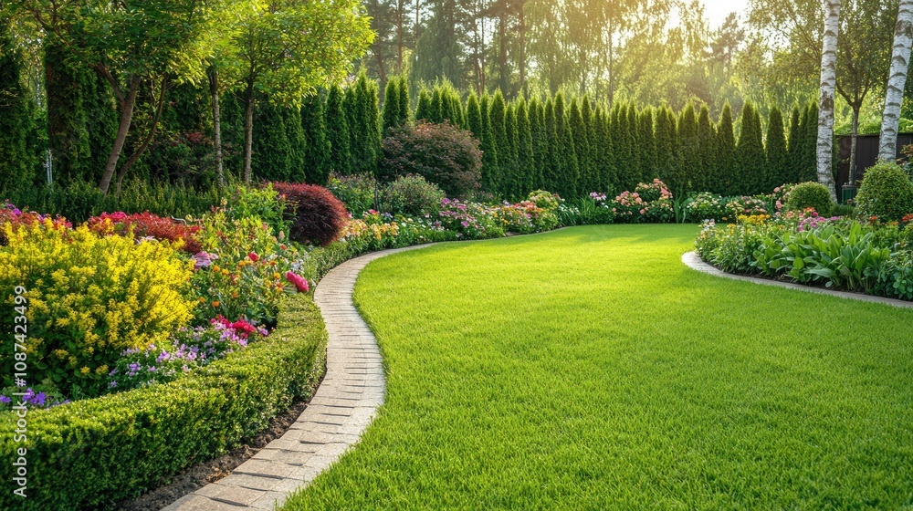 Fototapeta premium Serene Garden with Beautifully Manicured Lawn