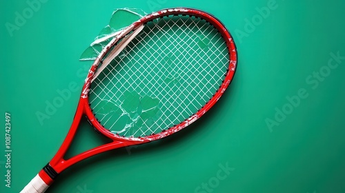 Broken tennis racket lying on a vibrant green surface, displaying shards of glass and fragments, symbolizing defeat and loss in the sport of tennis for athletes and enthusiasts.