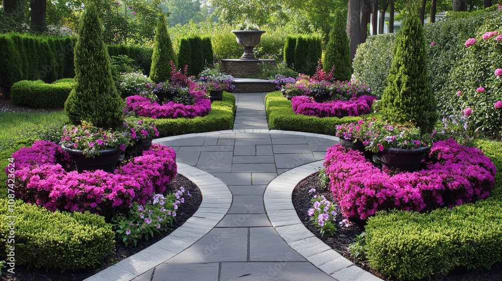 Symmetrical Garden Layout with Vibrant Flowers Symmetrical Garden Layout with Vibrant Flowers