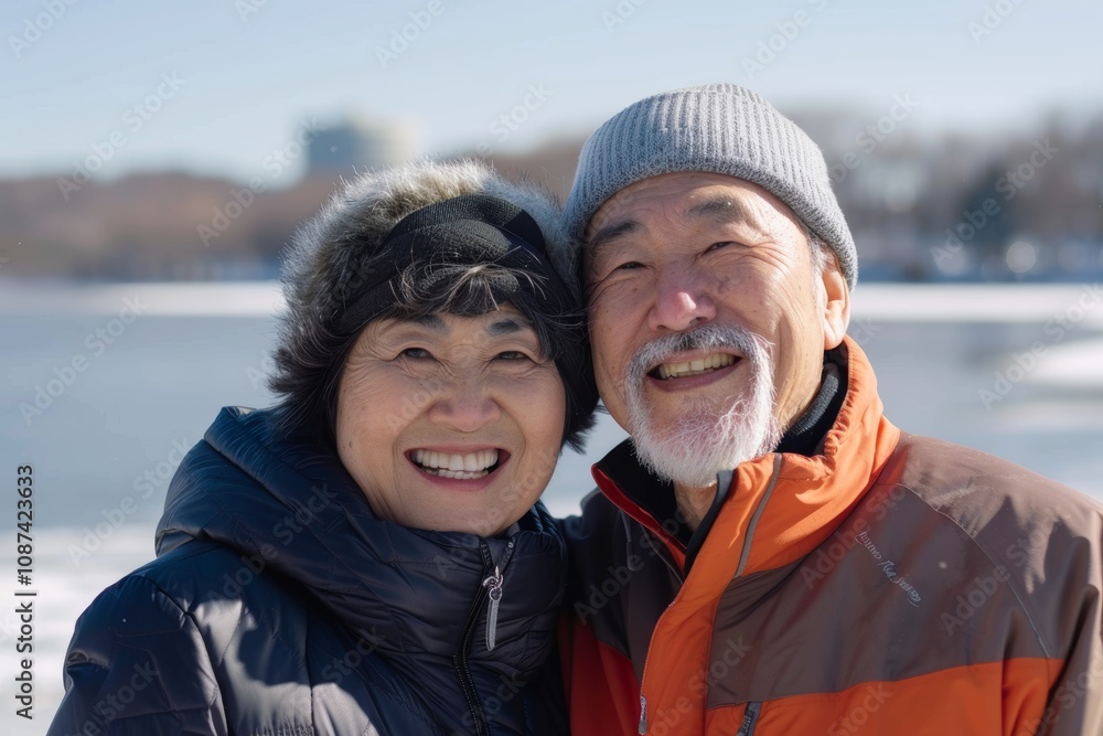 Portrait of a glad asian couple in their 50s sporting a breathable mesh jersey isolated in backdrop of a frozen winter lake Portrait of a glad asian couple in their 50s sporting a breathable mesh jersey isolated in backdrop of a frozen winter lake