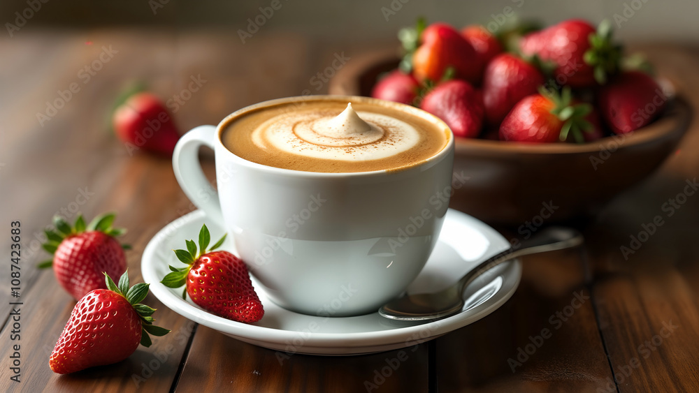 An Enticing Vector Illustration Showcasing a Coffee Cup with Cream and Fresh Strawberries in a Beautiful Setting An Enticing Vector Illustration Showcasing a Coffee Cup with Cream and Fresh Strawberries in a Beautiful Setting
