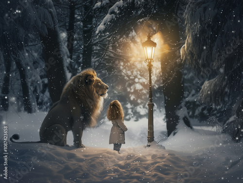 A little and a lion looking up at a lamp in a snowy winter wonderland.  photo