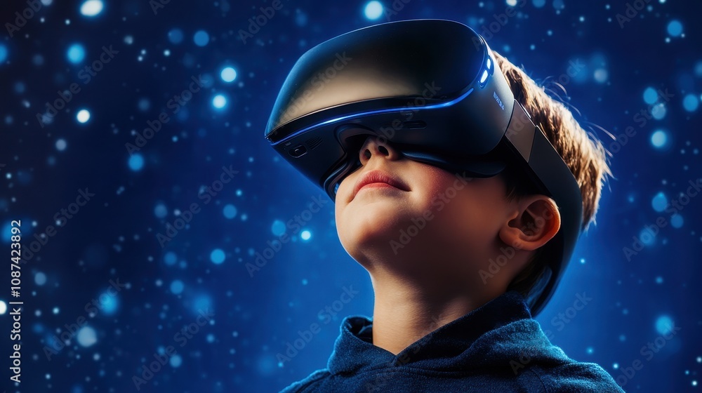 A Young Boy Immersed in Virtual Reality Experience, Exploring New Digital Worlds with a Sleek Headset Against a Sparkling Starry Background A Young Boy Immersed in Virtual Reality Experience, Exploring New Digital Worlds with a Sleek Headset Against a Sparkling Starry Background